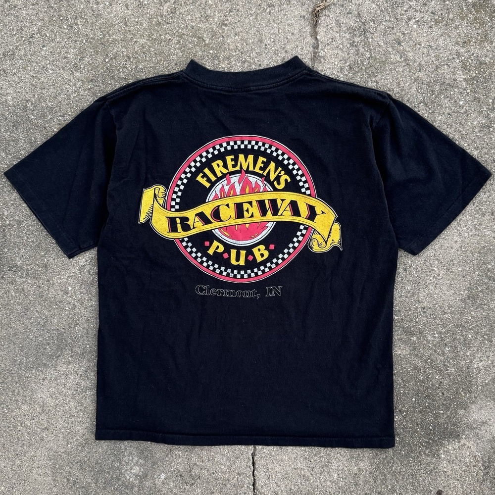 Vintage 90s All Sport Fireman's Raceway Pub T-Shirt L Clermont Indiana